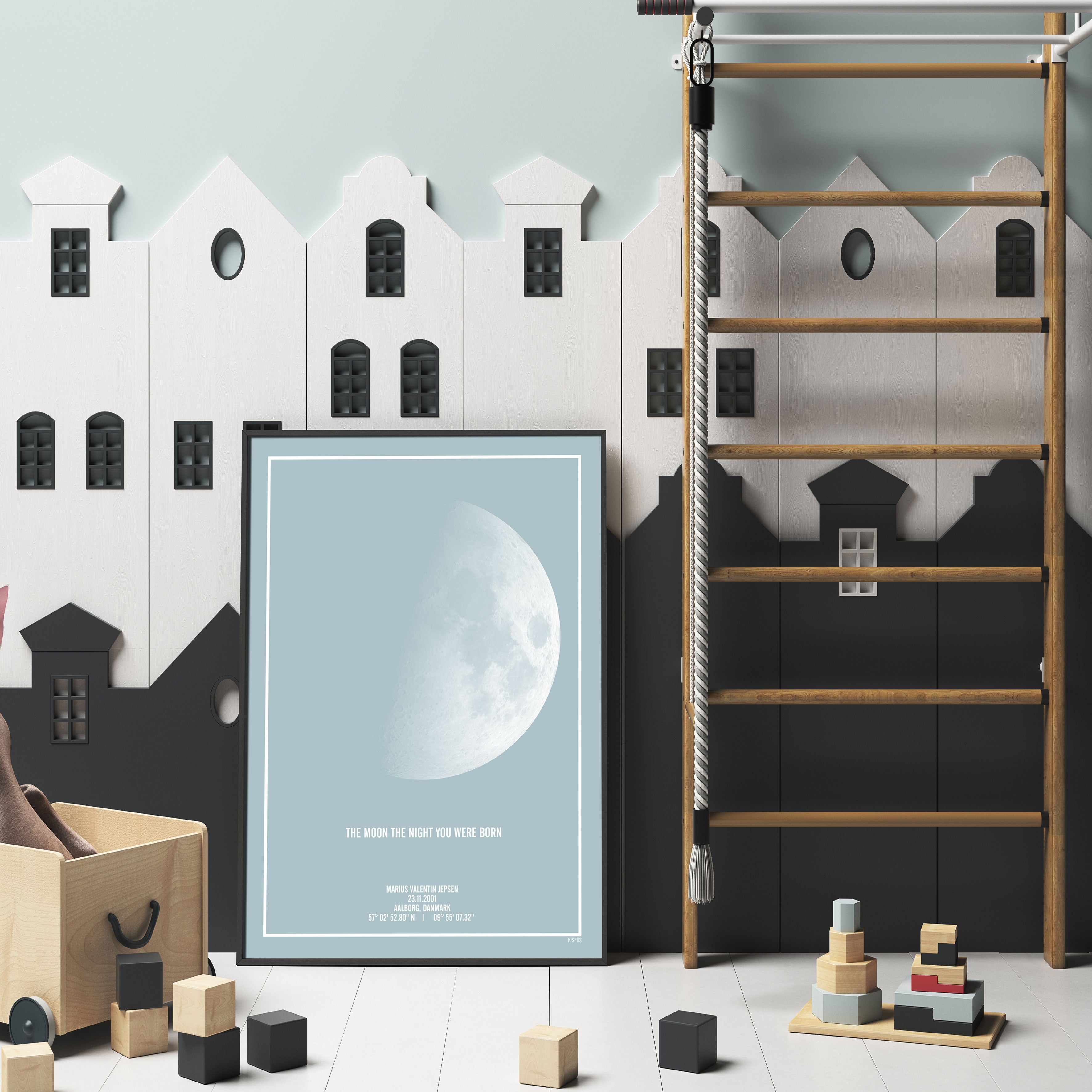 Plakat indretning til børneværelset med en personlig måne plakat.