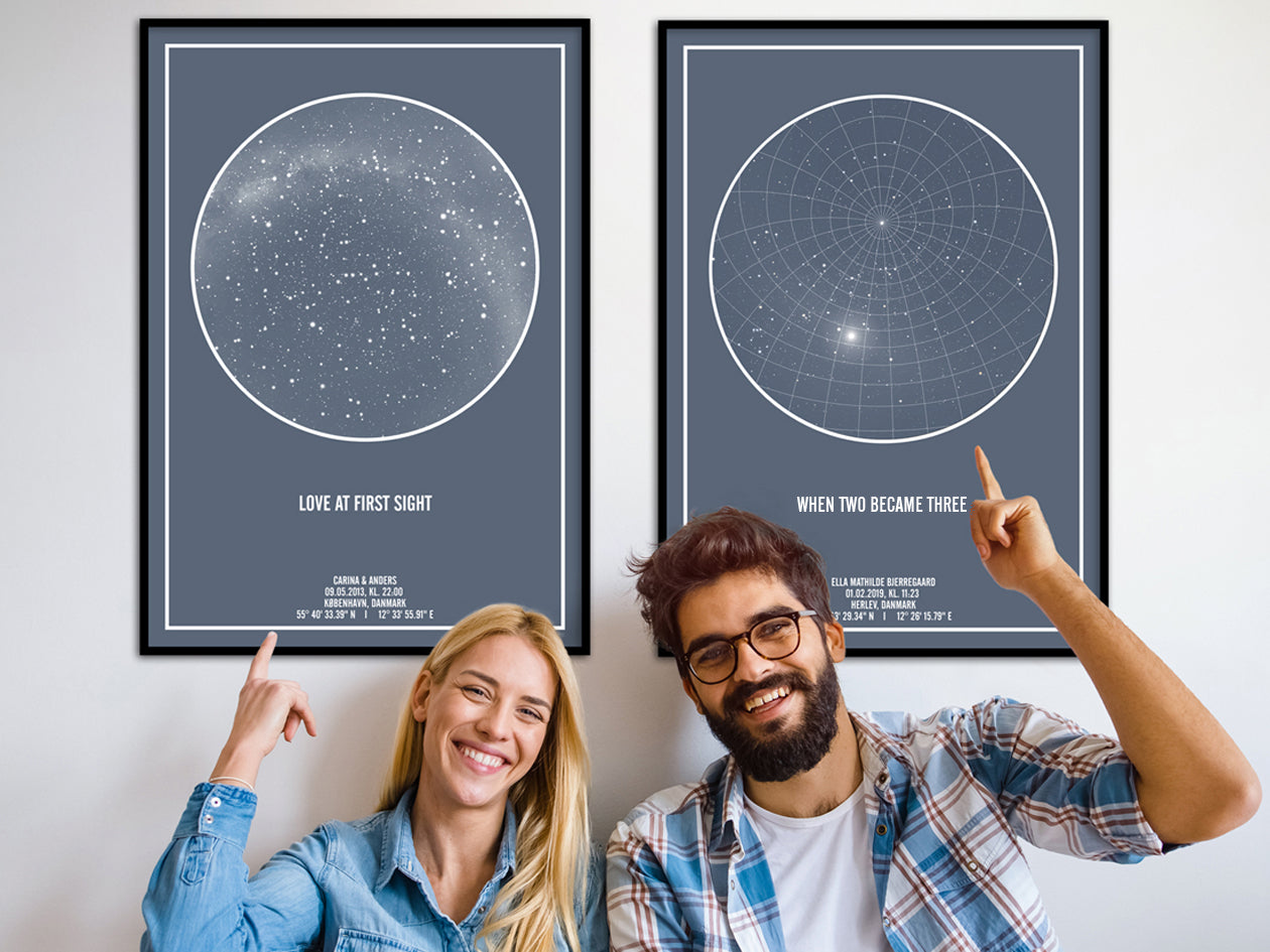 Stjernehimmel plakat med personligt tekst "Love at first sight" og "When two became three"