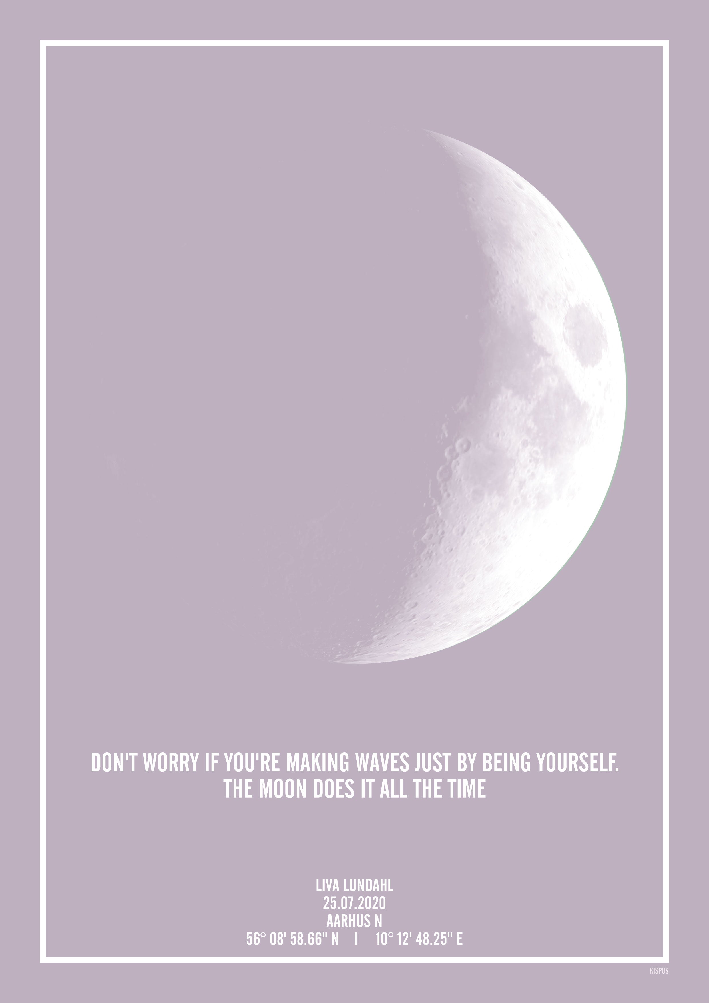 Plakat med print af hvordan månen så ud. Indsæt dit eget citat.