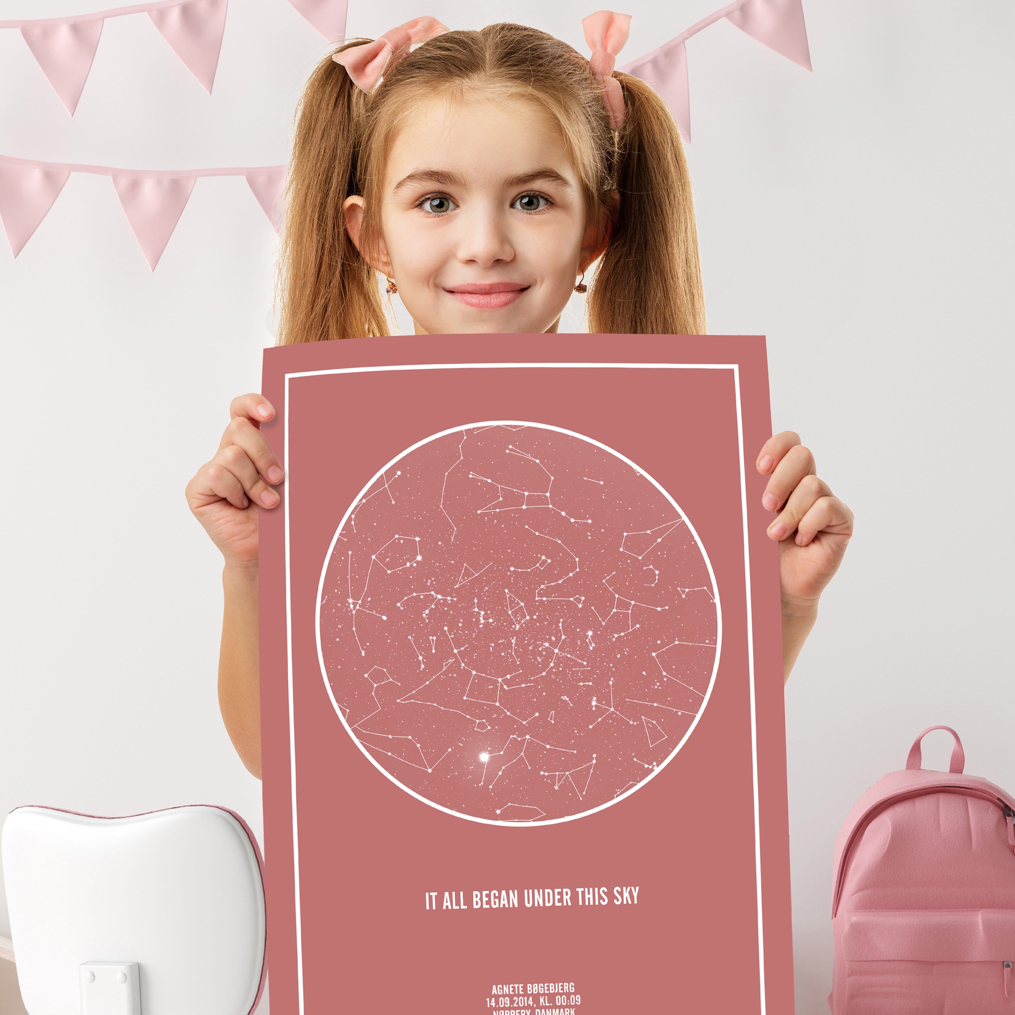 Pige med stjernehimmel plakat, som hun har fået til fødselsdag.