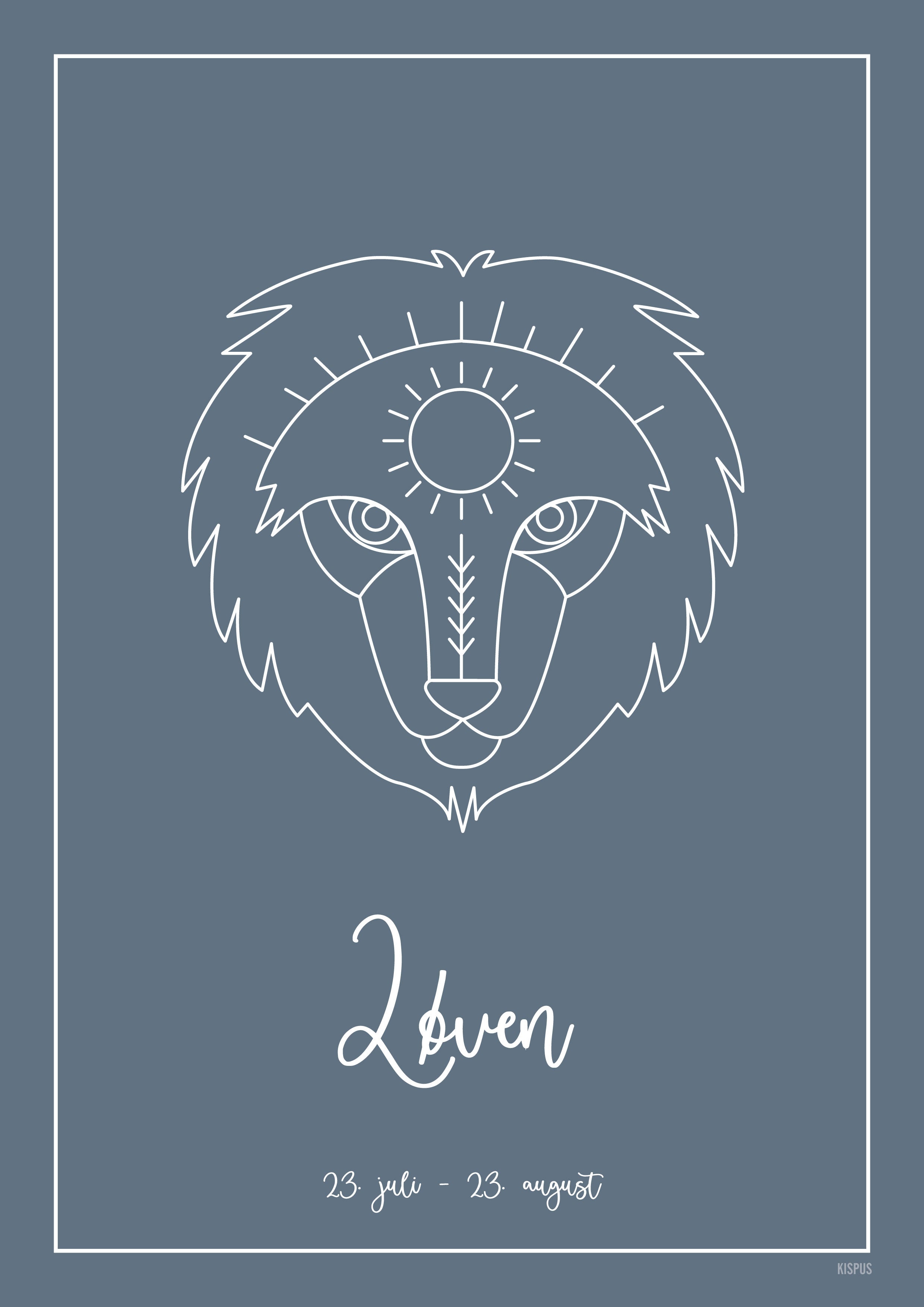 Plakat med tegning af stjernetegn Løven i gråblå