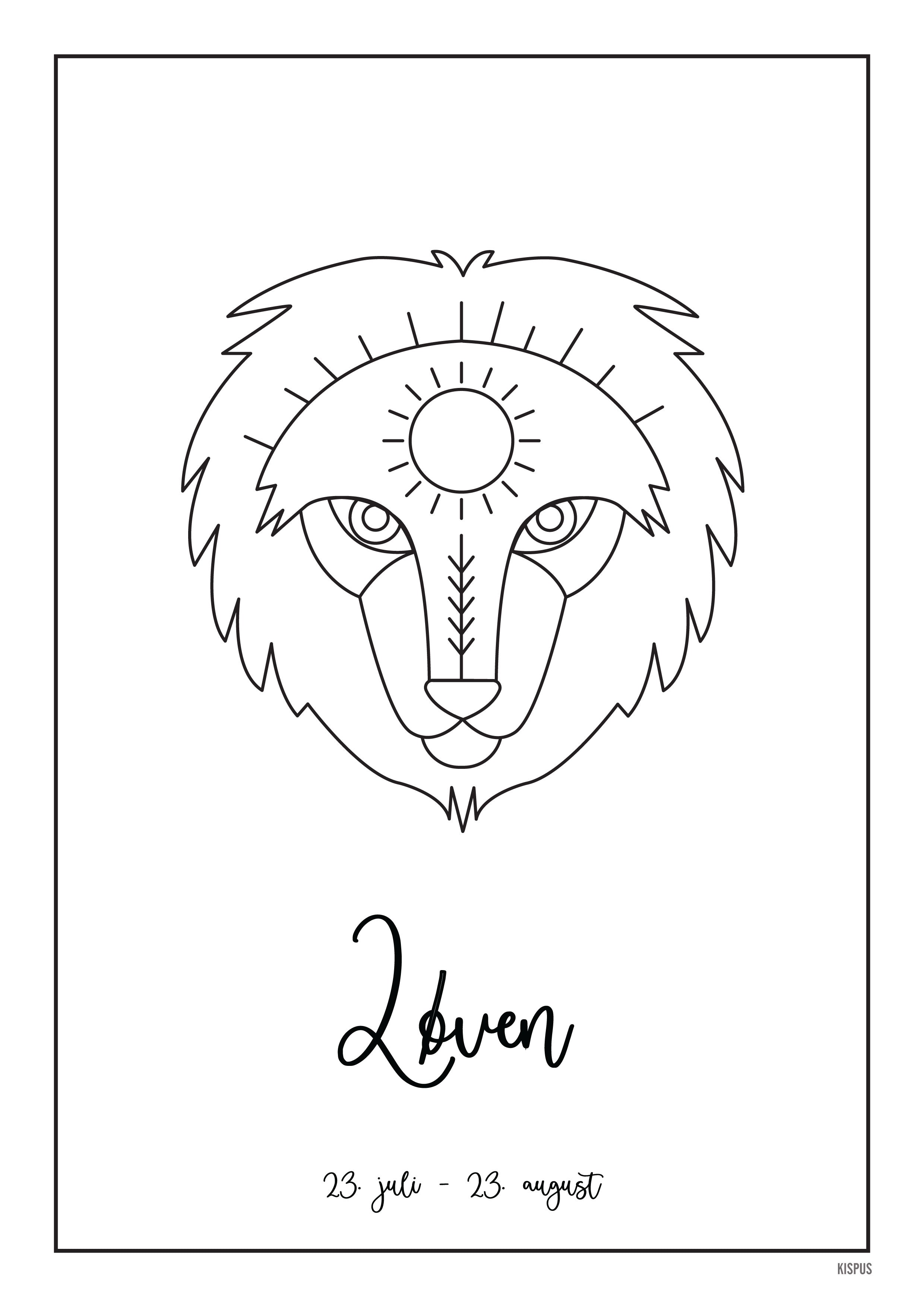 Plakat med tegning af stjernetegn Løven i hvid