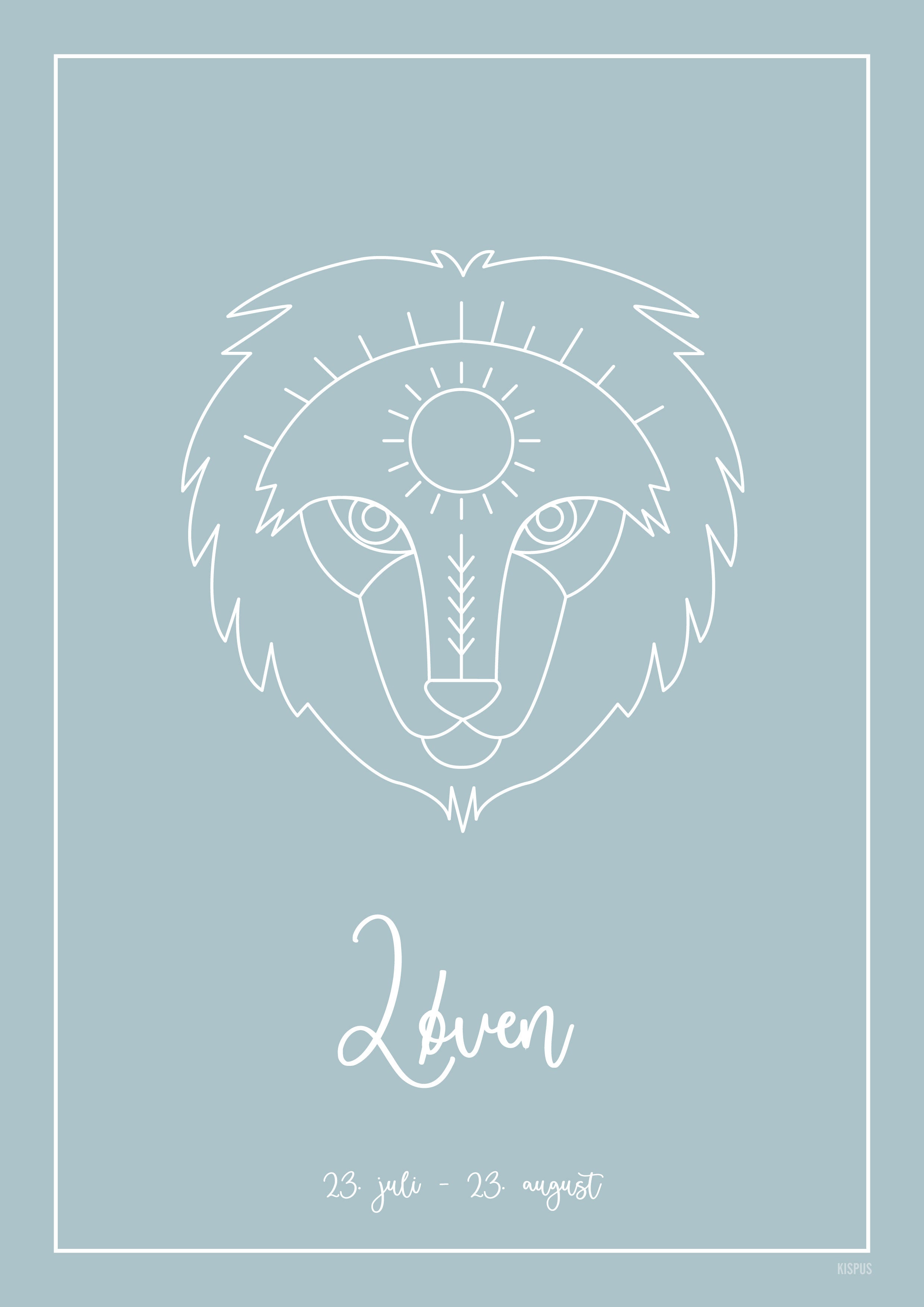Plakat med tegning af stjernetegn Løven i lyseblå