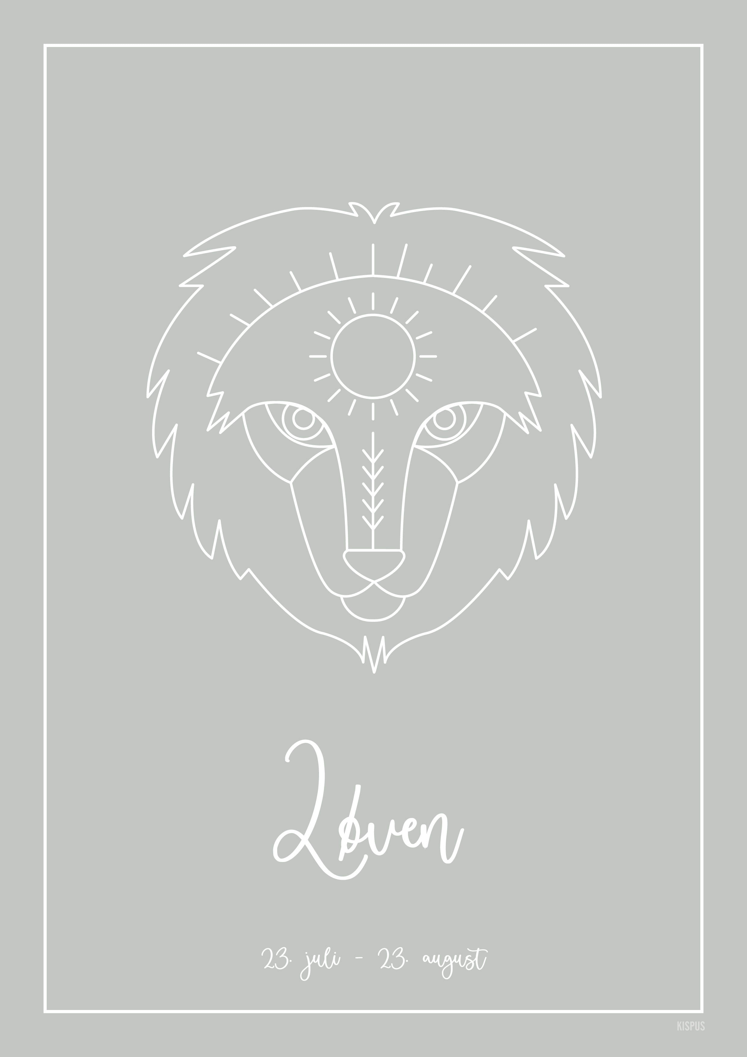 Plakat med tegning af stjernetegn Løven i lysegrå