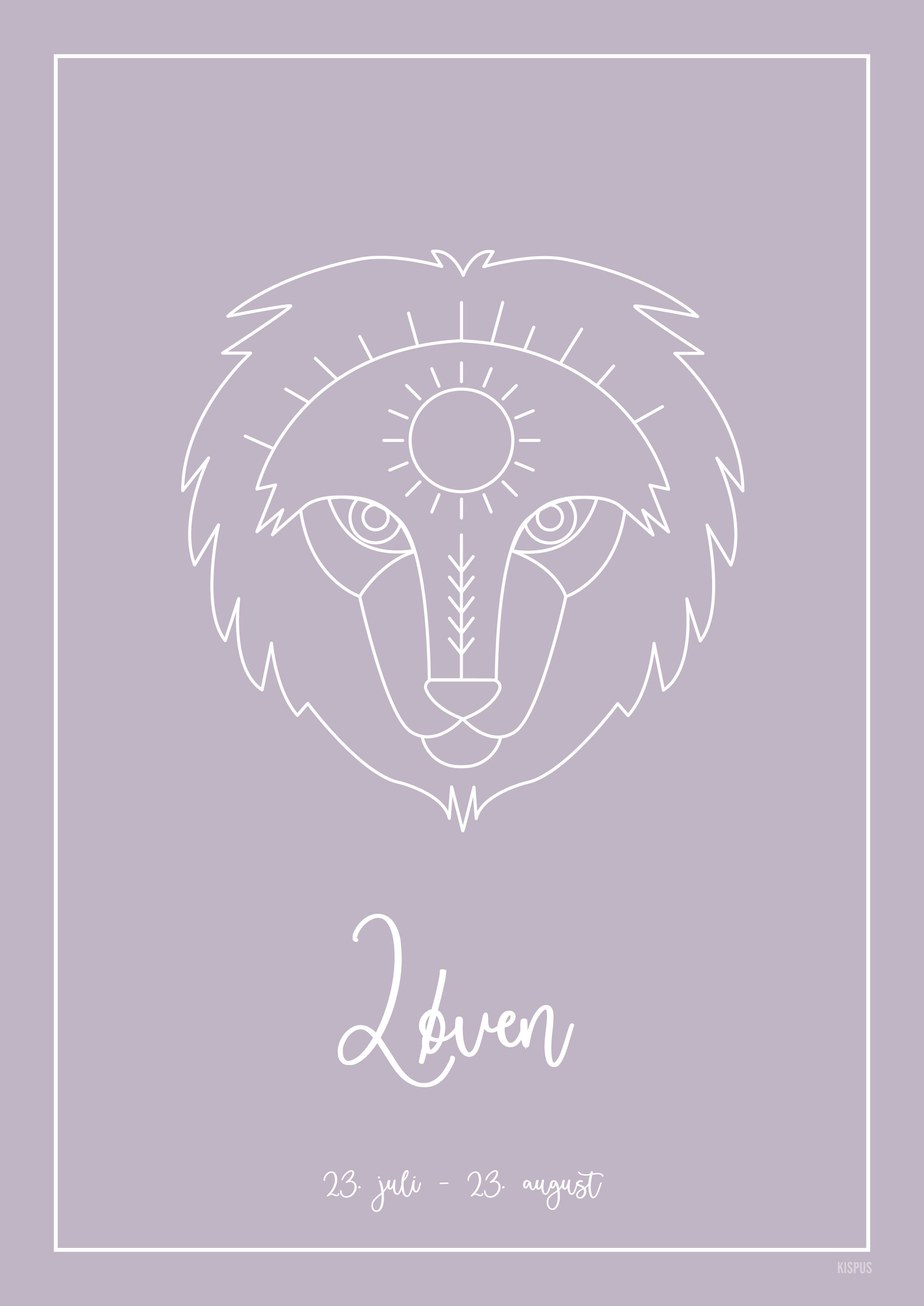 Plakat med tegning af stjernetegn Løven i lilla