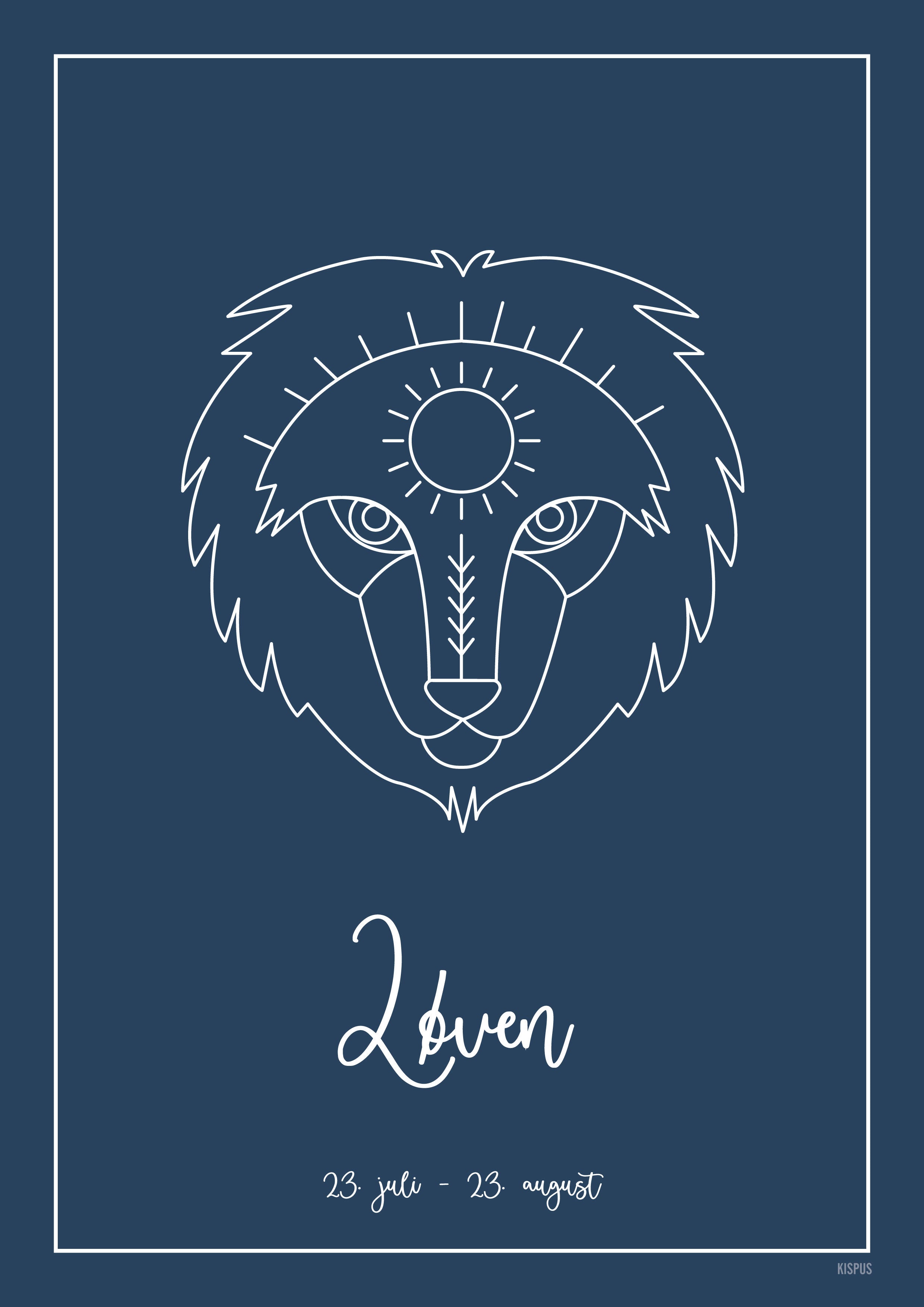 Plakat med tegning af stjernetegn Løven i mørkeblå