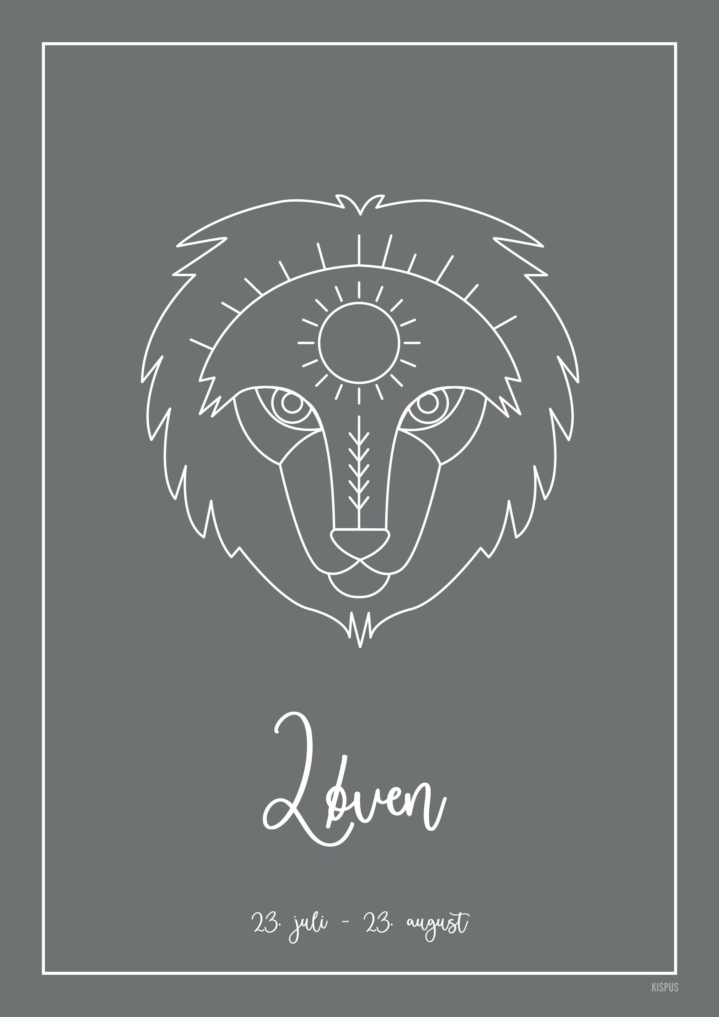 Plakat med tegning af stjernetegn Løven i mørkegrå