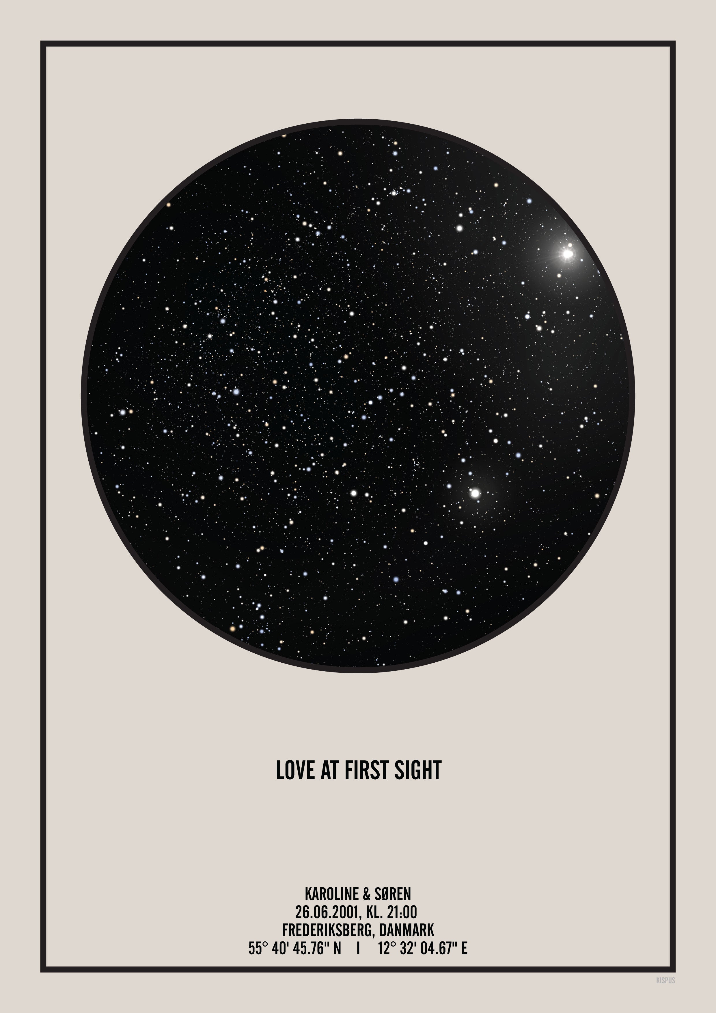 Stjernehimmel plakat med citat "LOVE AT FIRST SIGHT" og navne