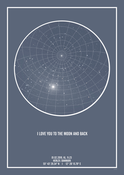 I LOVE YOU TO THE MOON AND BACK kærligheds plakat med stjernehimmel