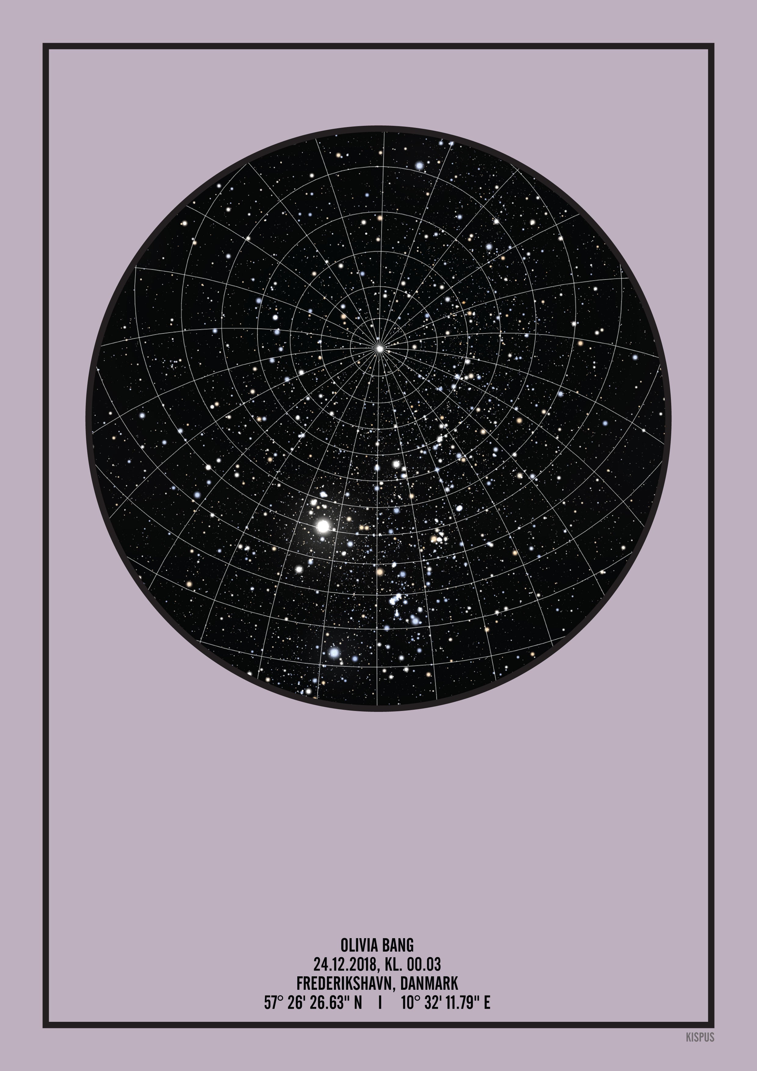 Lyselilla plakat med sort stjernehimmel