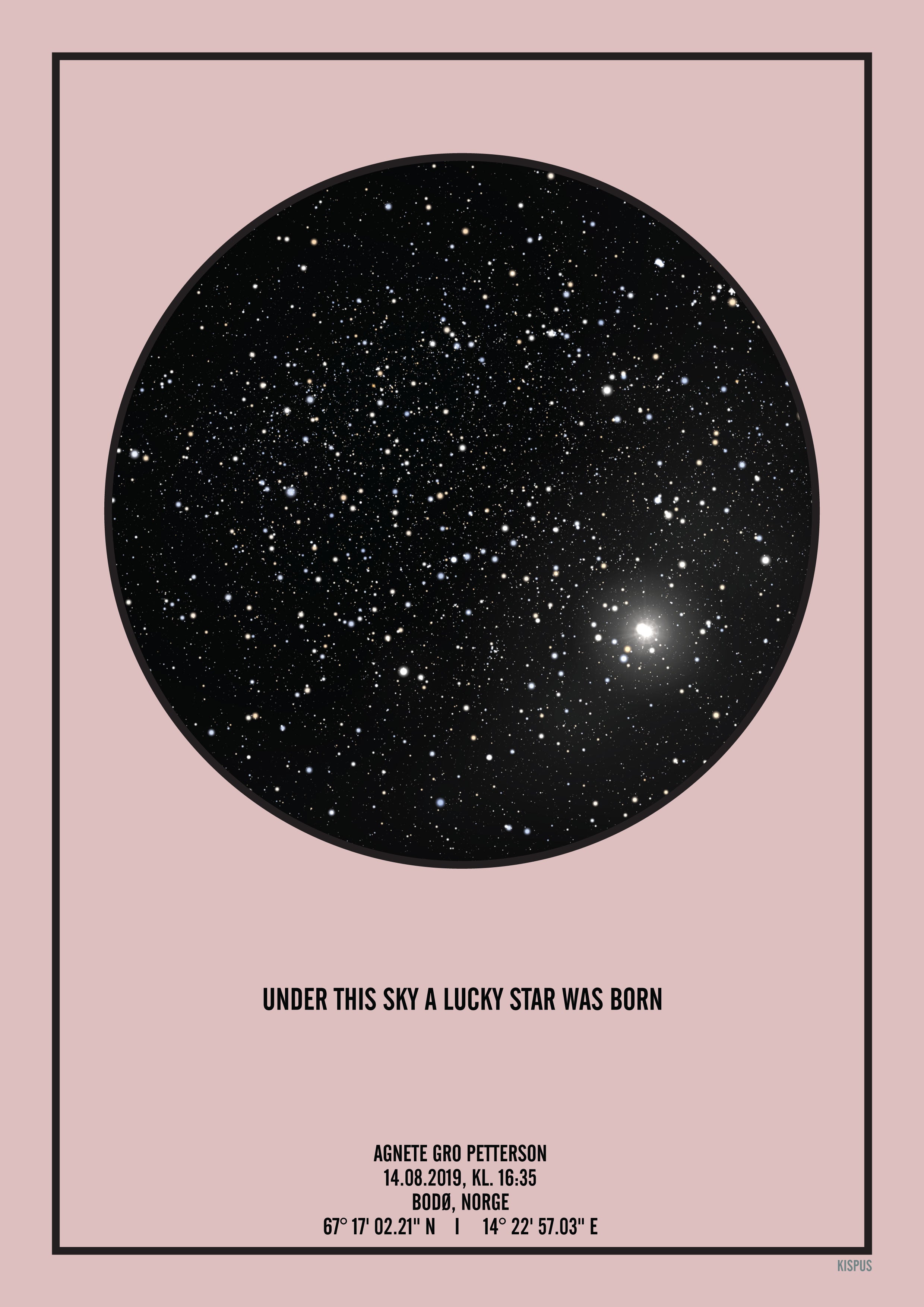 Verdens bedste barselsgave - en personlig stjernehimmel plakat i lyserød med navn og fødselsdag.