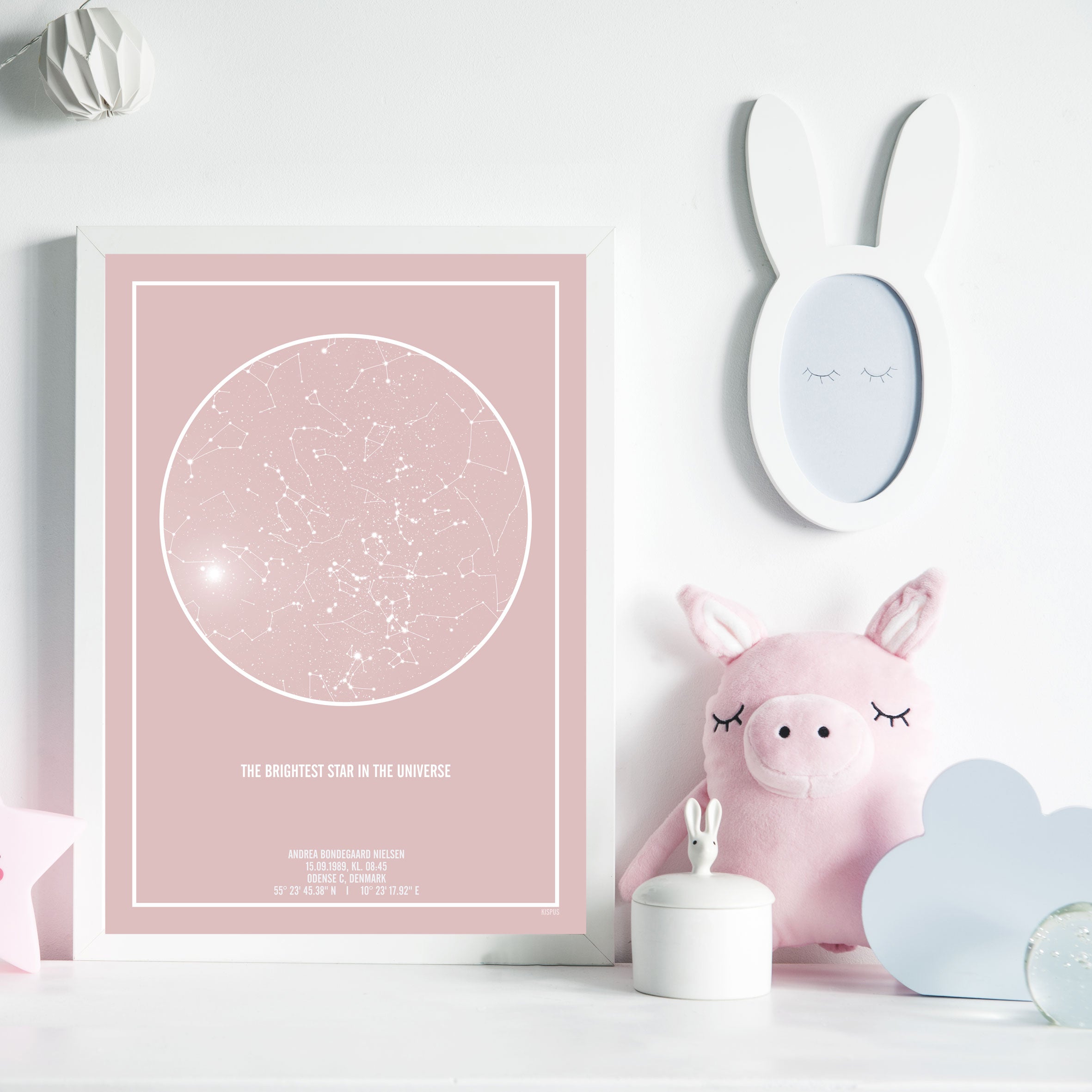 Indretning til pigeværelset med lyserød personlig stjernehimmel plakat