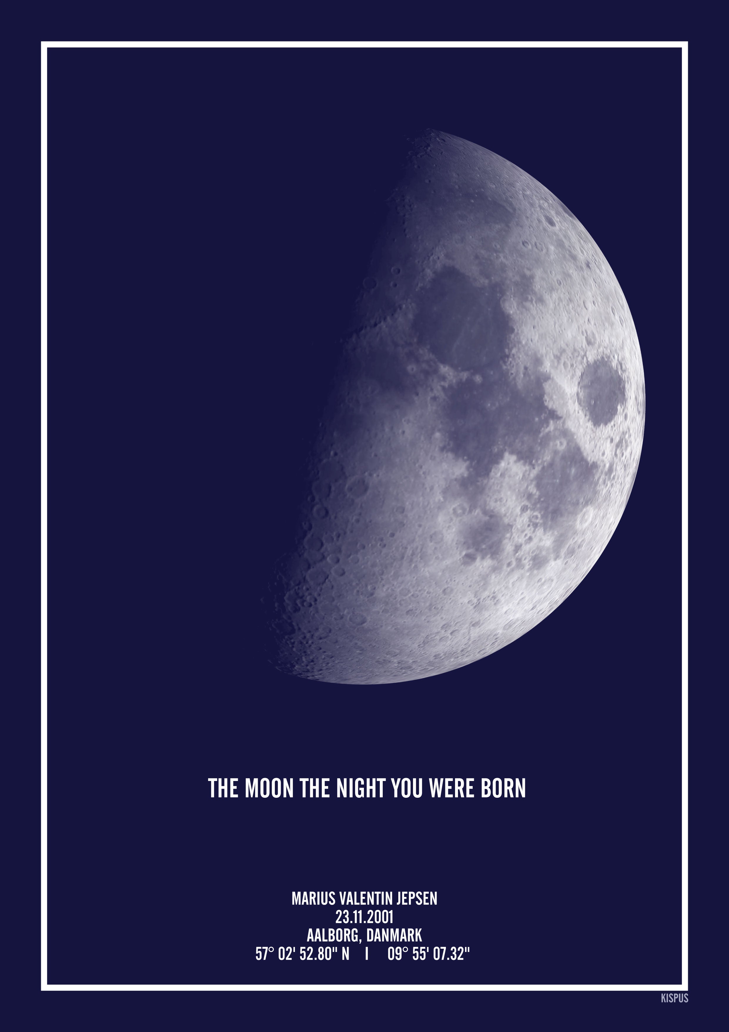 Mørkeblå måne plakat med teksten "the night you were born" - den perfekte barnedåbsgave