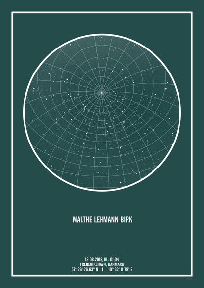 Mørkegrøn stjernehimmel plakat med navn (plakat til børneværelset med navn)