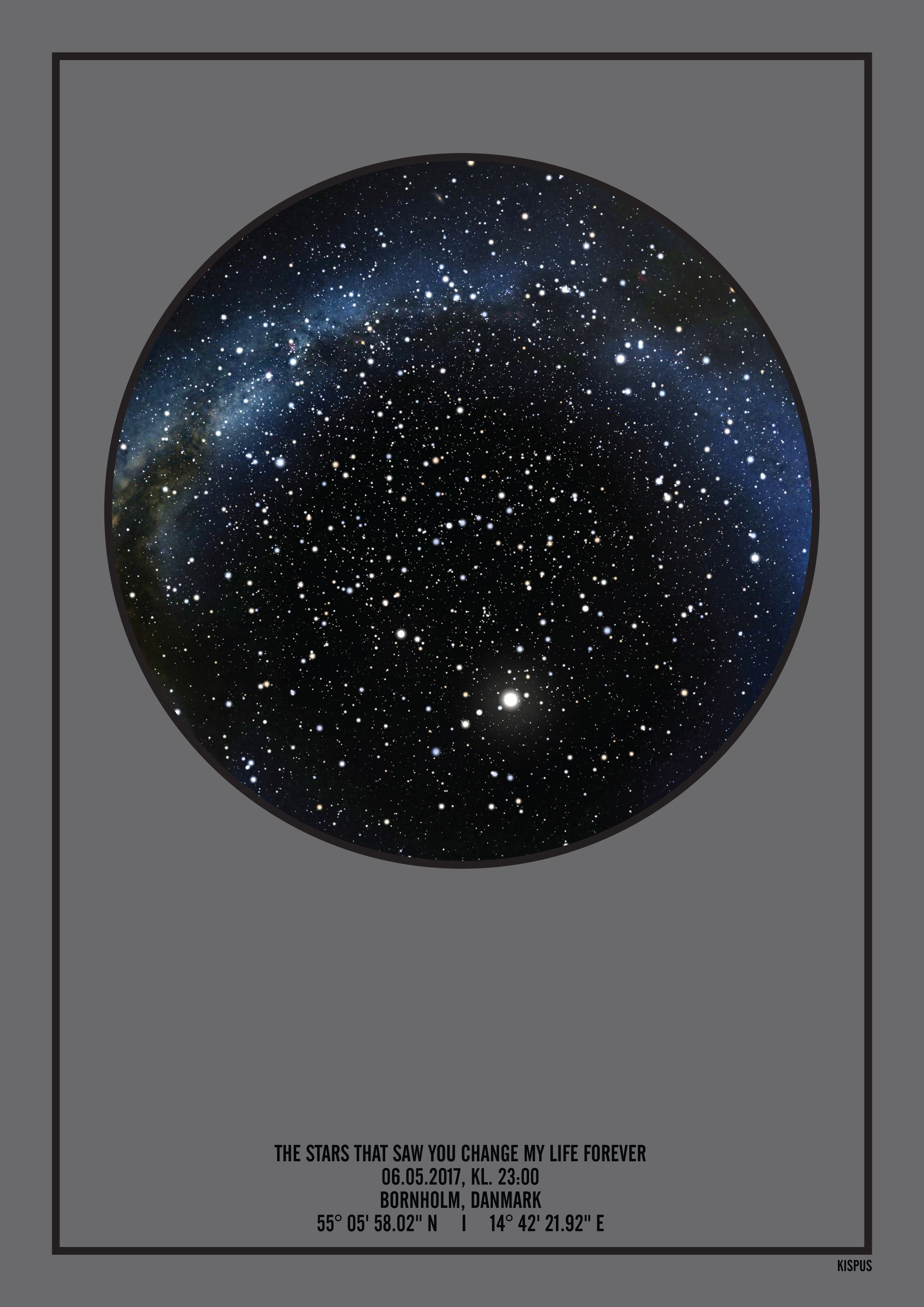 Mørkegrå stjernehimmel plakat med mælkevejen - med dato og by