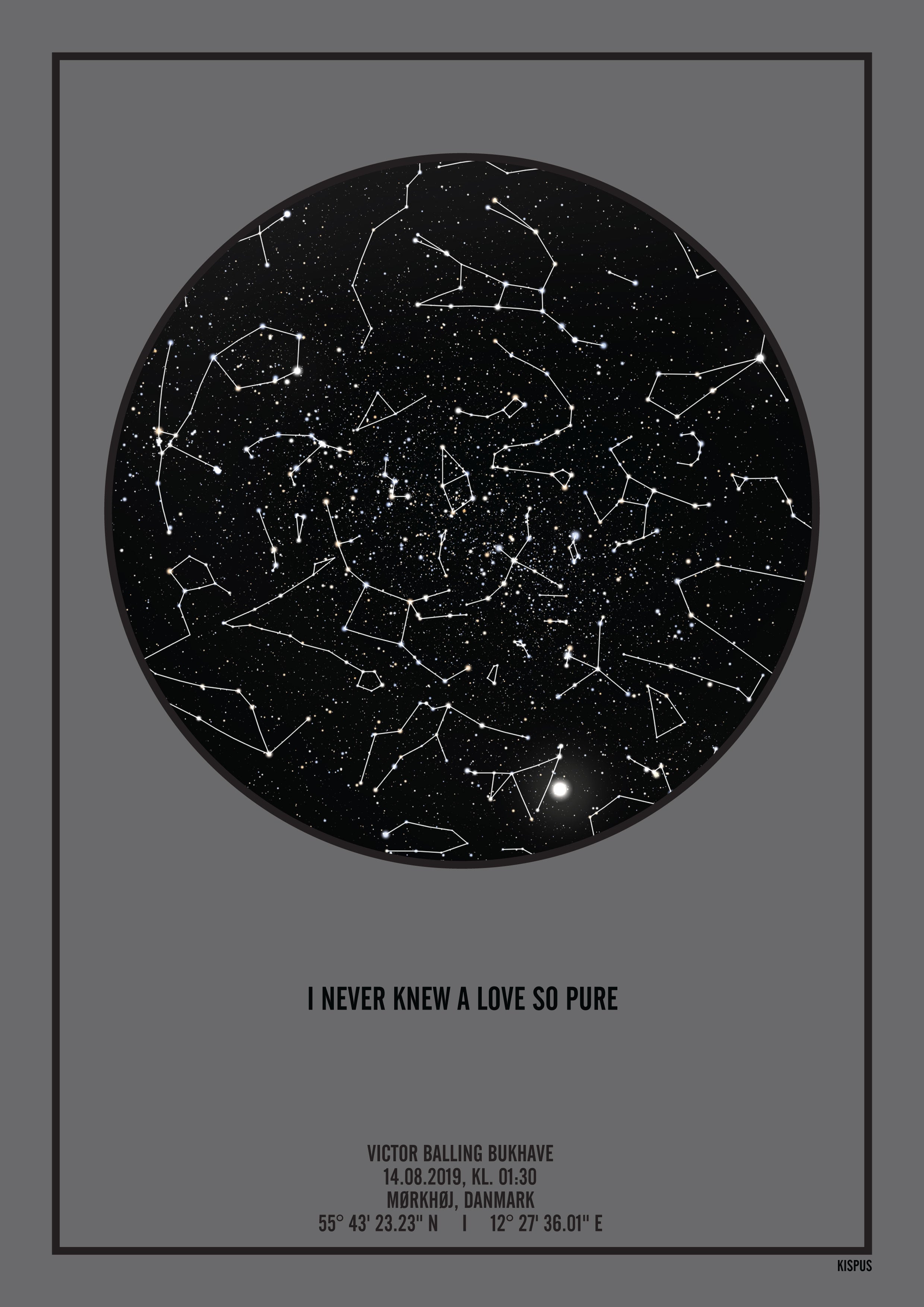 Personlig stjernehimmel plakat med personlig tekst og navn i mørkegrå