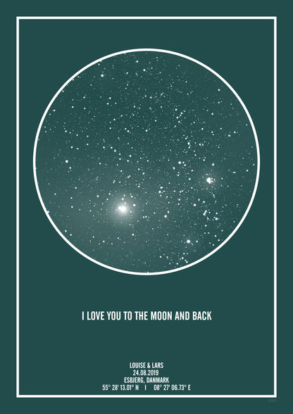 Mørkegrøn stjernehimmel plakat med citat "I LOVE YOU TO THE MOON AND BACK"