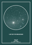 Mørkegrøn stjernehimmel plakat med citat "I LOVE YOU TO THE MOON AND BACK"